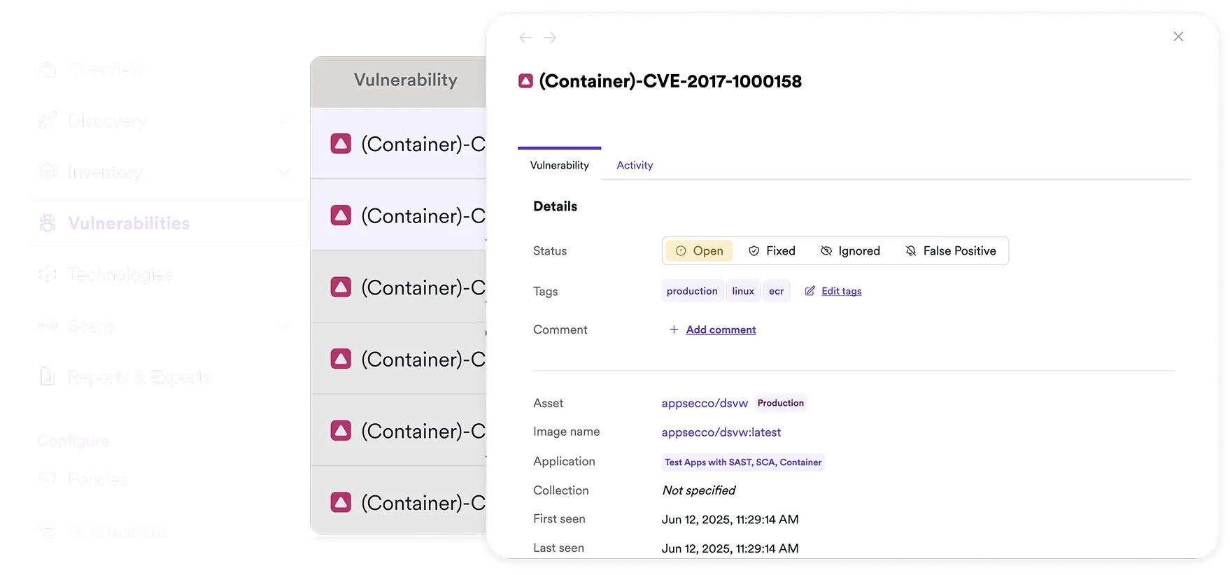 Official Invicti AppSec product interface showing vulnerability context and status
